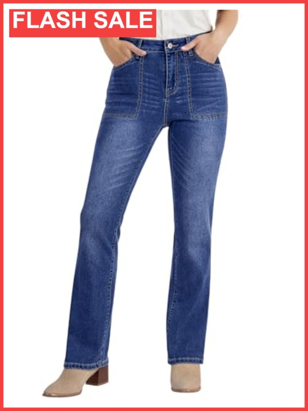 High Waisted Bootcut Jeans Stretchy Denim Patch Pocket Trouser